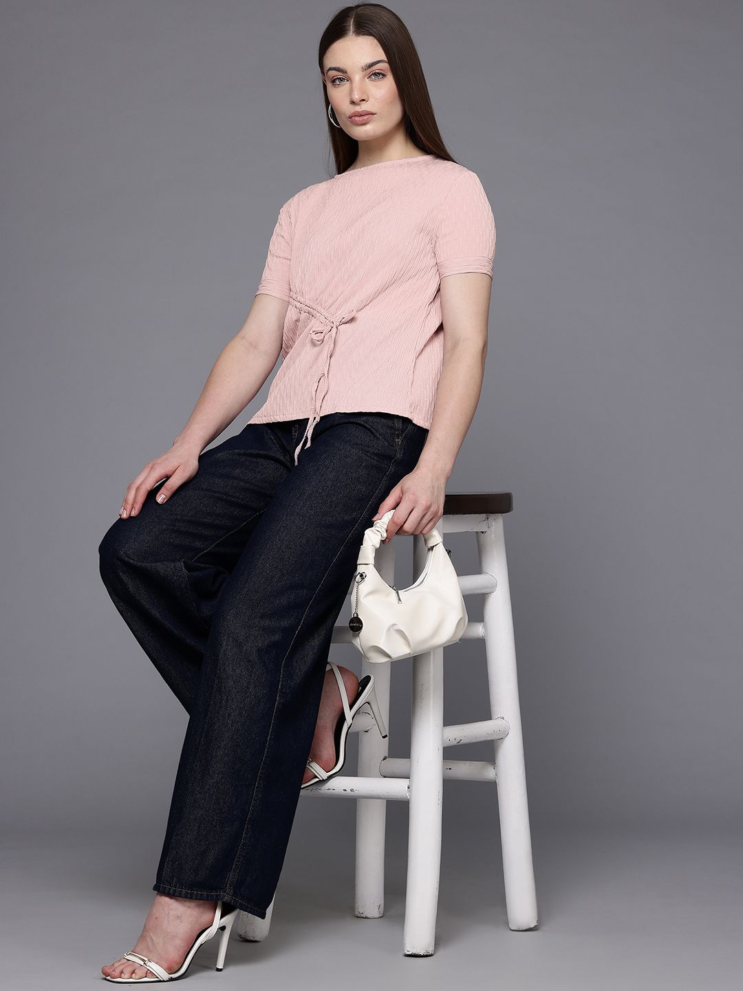 Freehand Pink Women's Relaxed Fit Textured Ruched Top