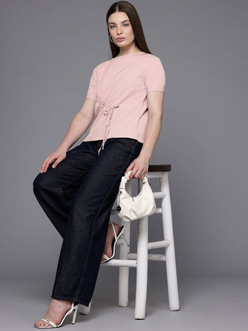 Freehand Pink Women's Relaxed Fit Textured Ruched Top