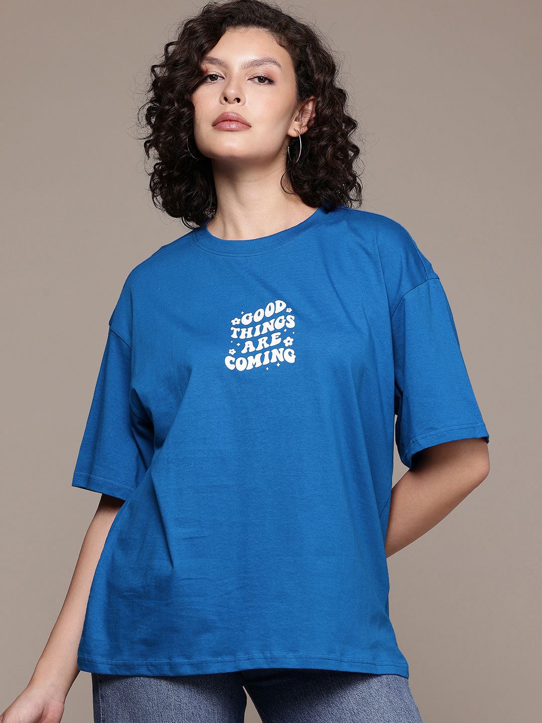 Freehand Women Regular Fit Typographic Oversized T-Shirt
