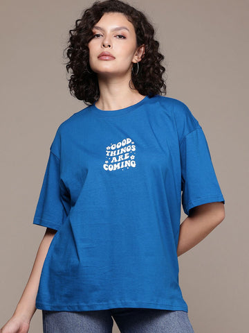 Freehand Women Regular Fit Typographic Oversized T-Shirt