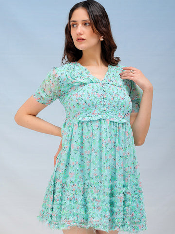 Women's Blue Fit and Flare Ditsy Printed Ruffle Dress