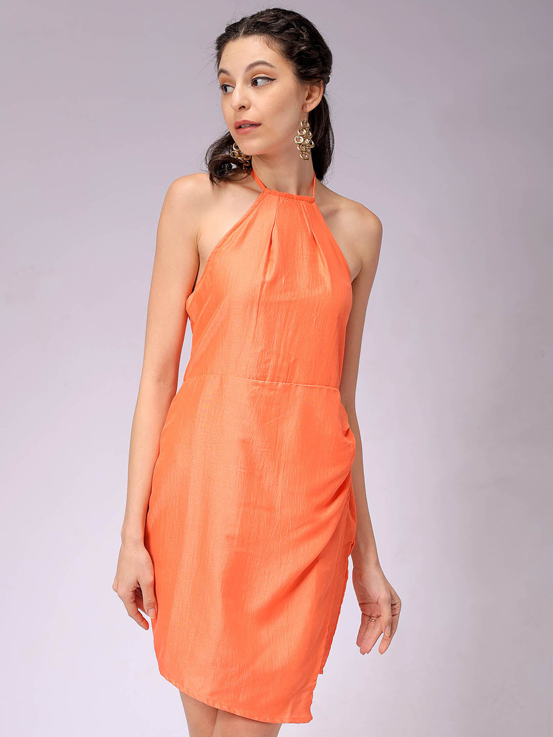 Women's Orange Fitted Solid Wrap Dress