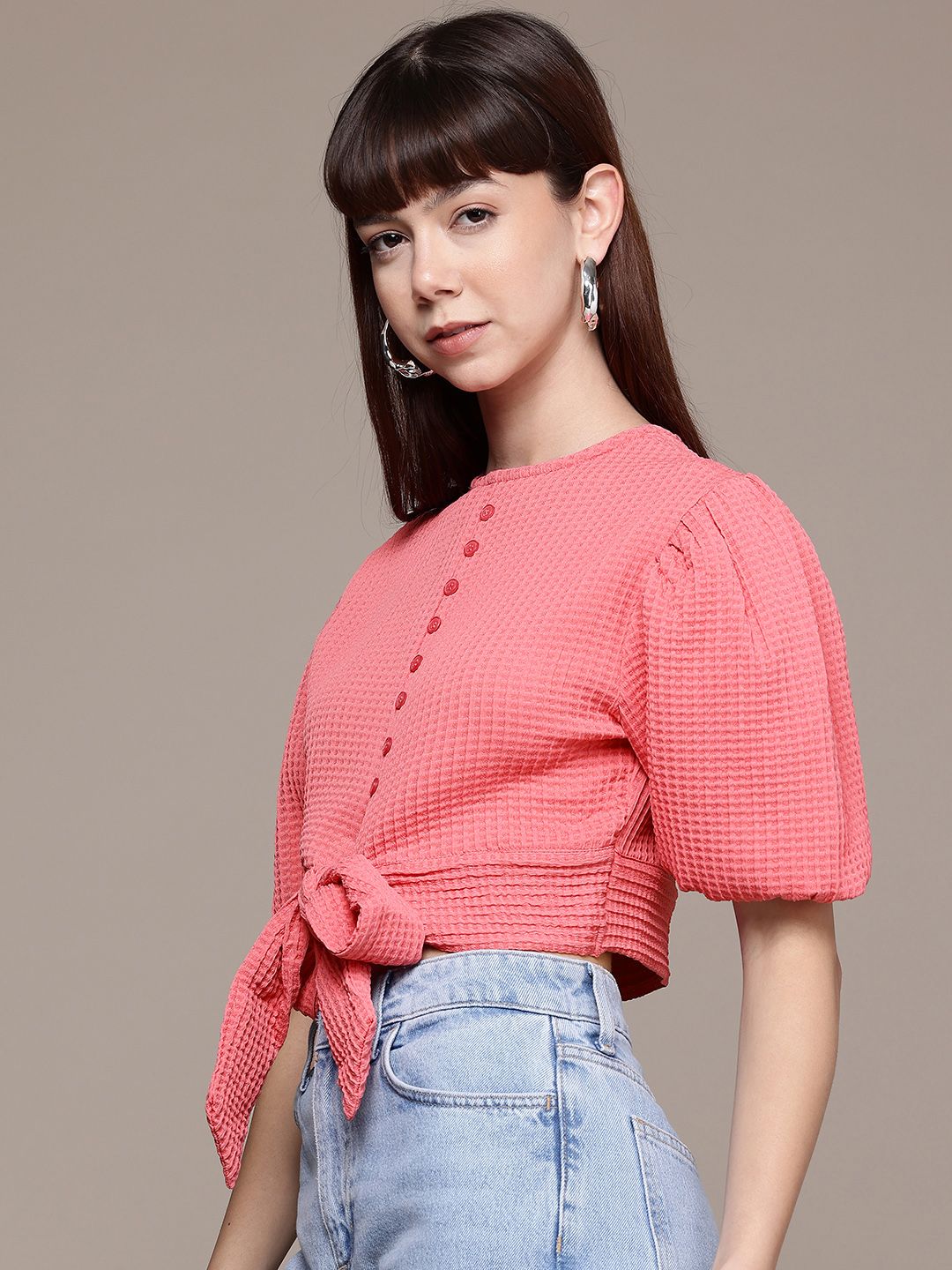 Women's Regular Fit Textured Designer Back Tie Up Top