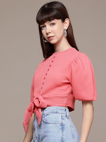 Women's Regular Fit Textured Designer Back Tie Up Top