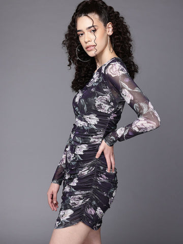 Freehand Women Fitted Floral Mesh Gathered Dress