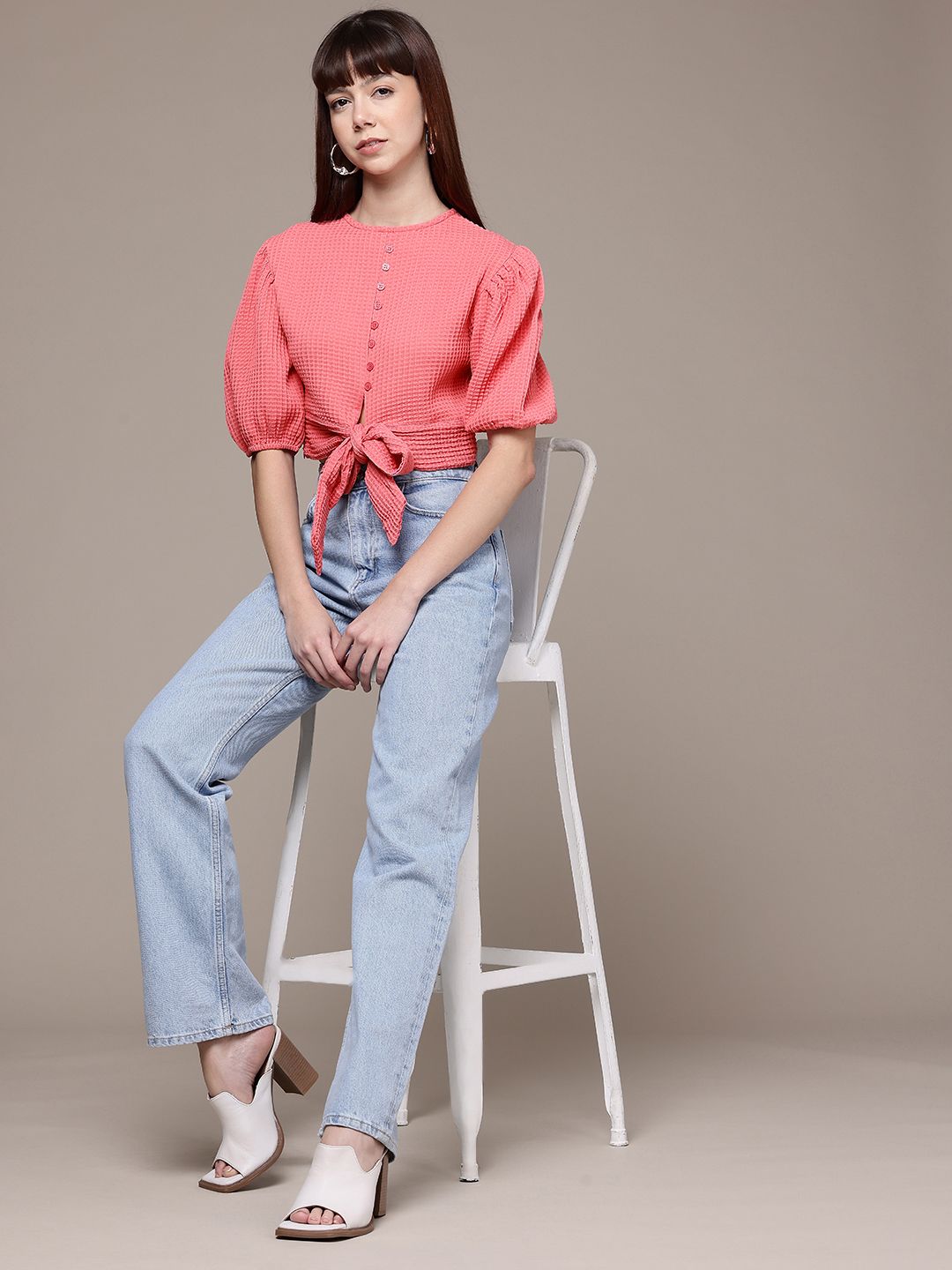 Women's Regular Fit Textured Designer Back Tie Up Top