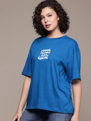 Freehand Women Regular Fit Typographic Oversized T-Shirt