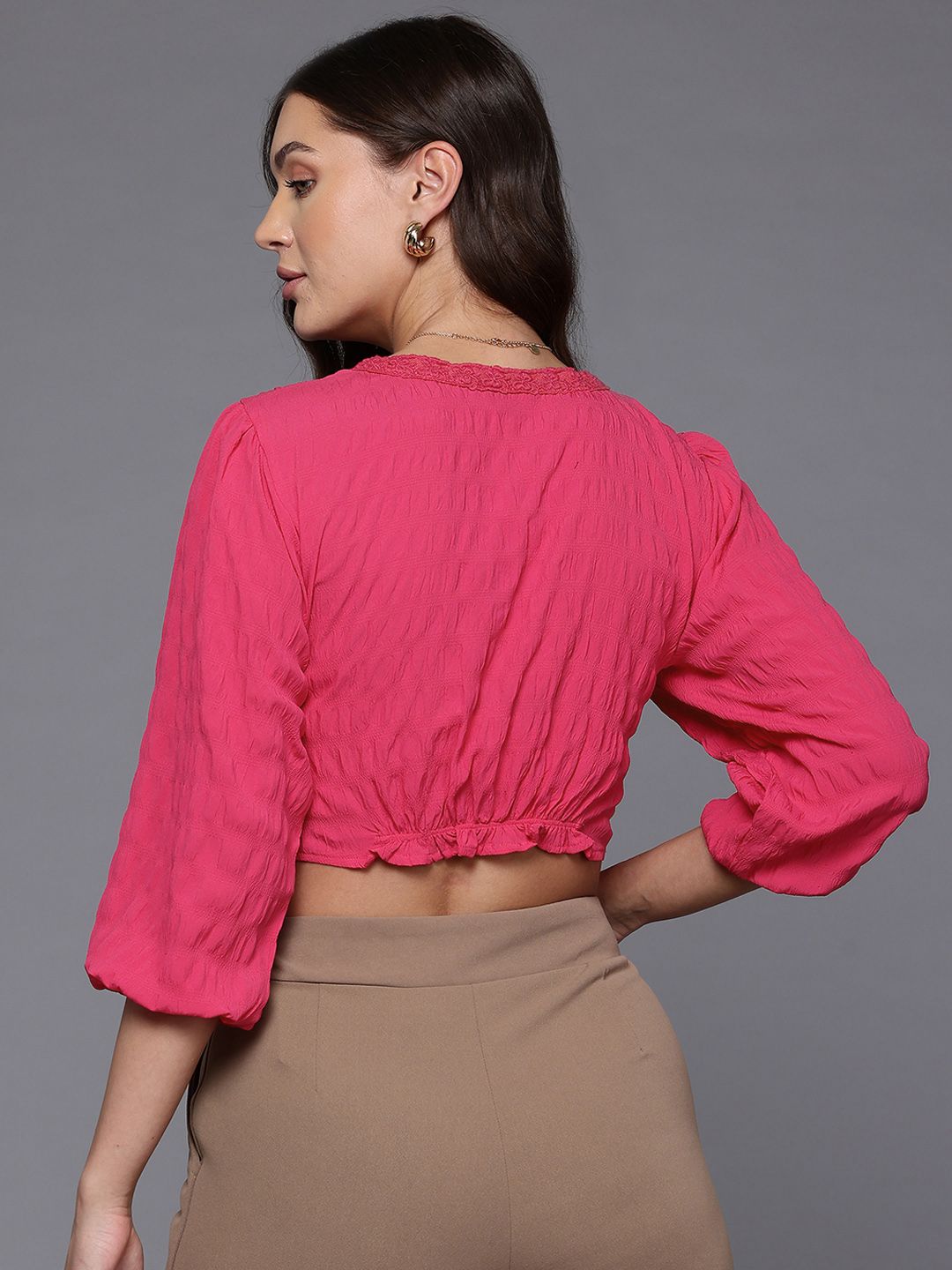 Women's Regular Fit Textured Gathered Waist Top