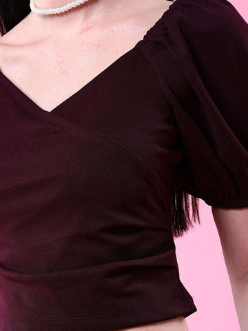 Women's V Neck Top With Puff Sleeves