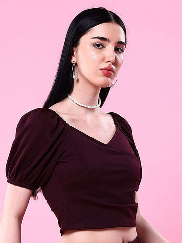 Women's V Neck Top With Puff Sleeves