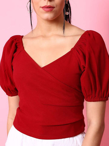 Women's V Neck Top With Puff Sleeves