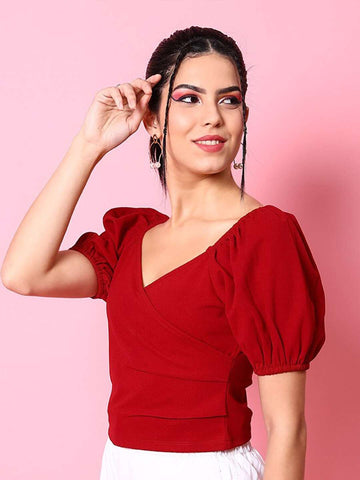 Women's V Neck Top With Puff Sleeves