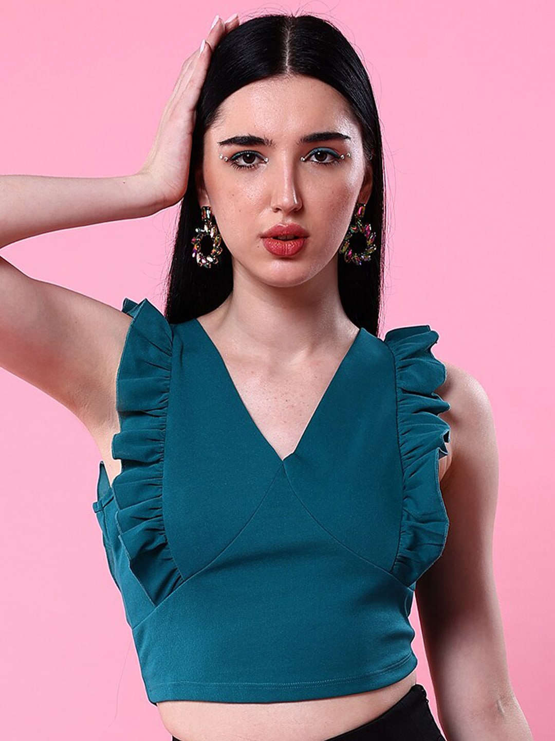 Women's V Neck Ruffle Crop Top