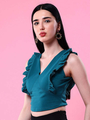 Women's V Neck Ruffle Crop Top