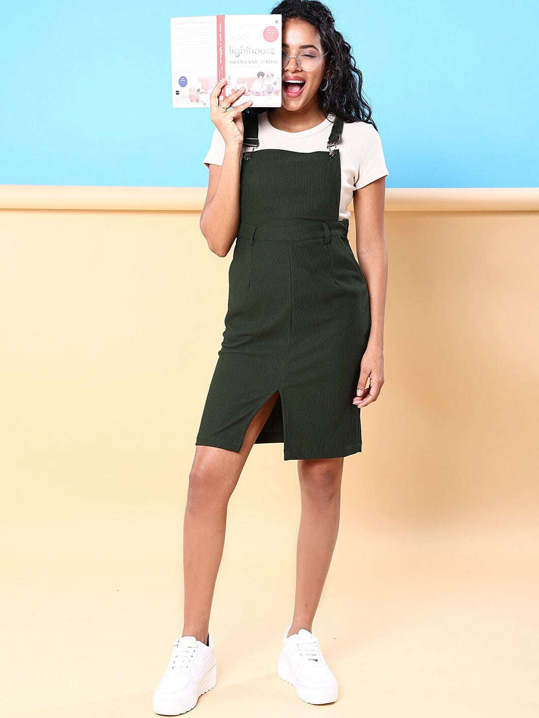 Women's Corduroy Knee Length Dungaree Skirt