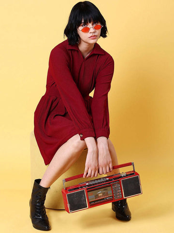 Women's Corduroy Elasticated V-Neck Dress