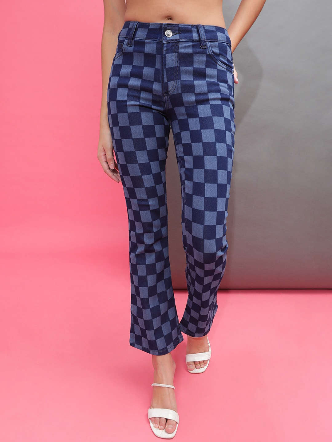 Women's Laser Checked Bootcut Denim Jeans