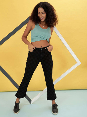 Women's Laser Checked Bootcut Denim Jeans