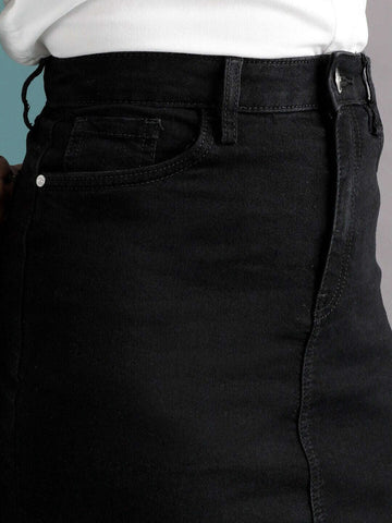 Women's Solid Black Short Denim Skirt