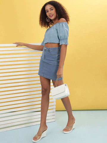 Women's Solid Black Short Denim Skirt