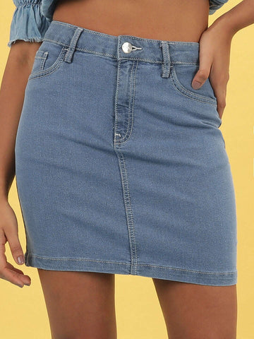 Women's Solid Black Short Denim Skirt