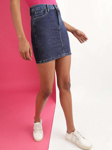 Women's Solid Black Short Denim Skirt