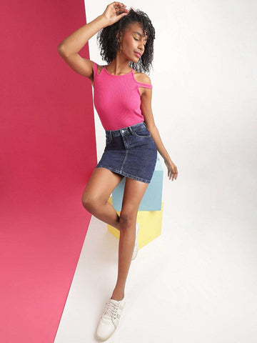 Women's Solid Black Short Denim Skirt