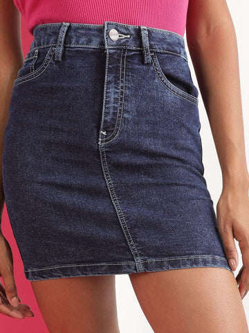 Women's Solid Black Short Denim Skirt
