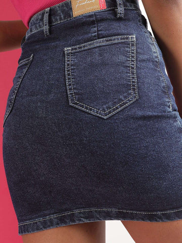 Women's Solid Black Short Denim Skirt