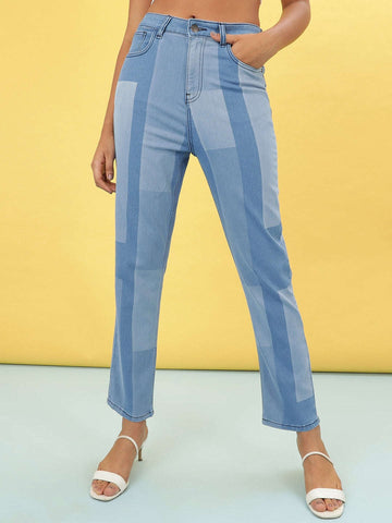 Women's Color Block Straight Fit Denim Jeans