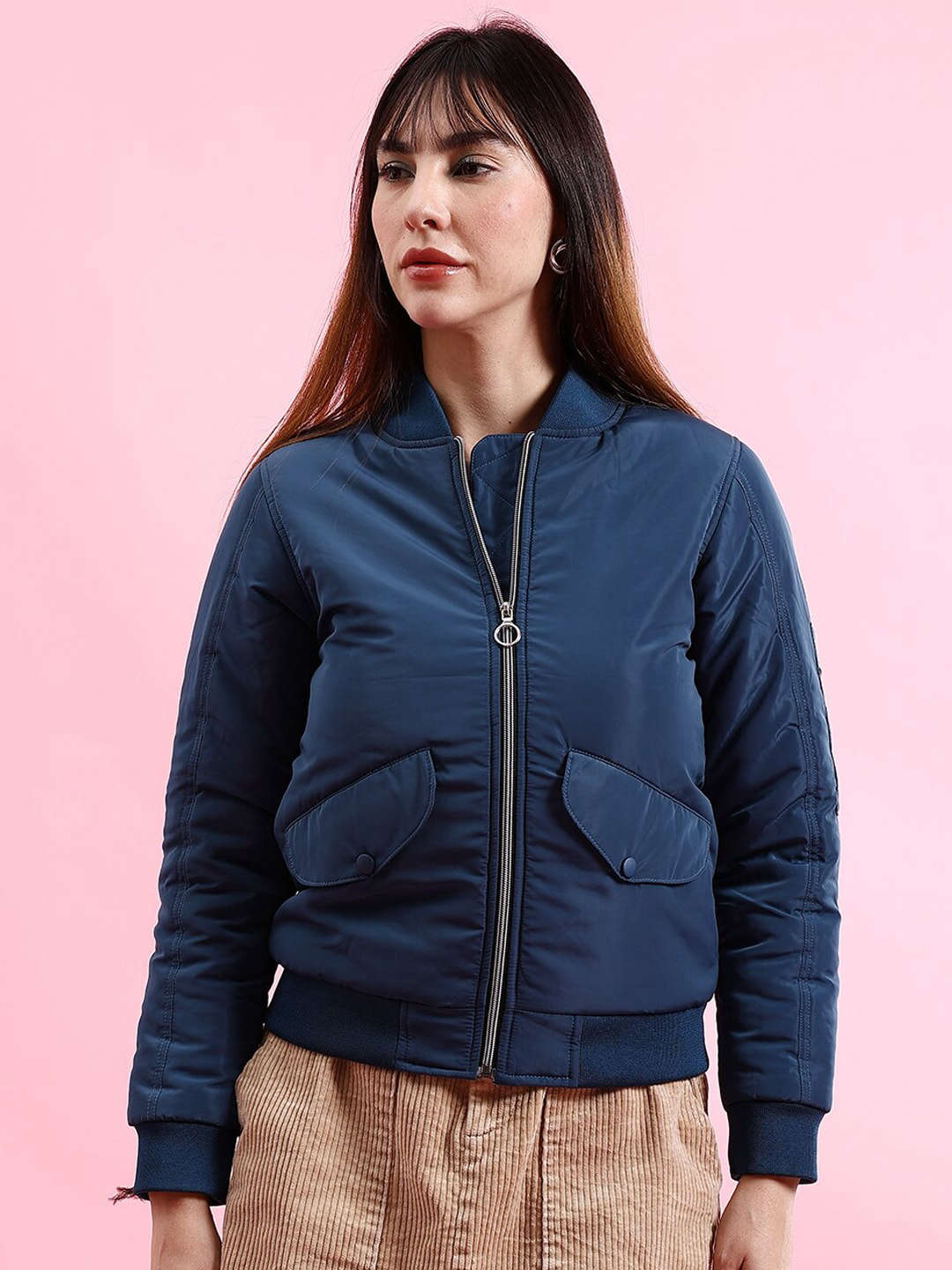 Women's Crop Bomber Jacket With Flap Pocket