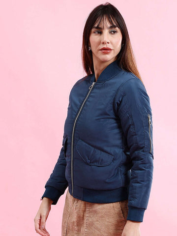 Women's Crop Bomber Jacket With Flap Pocket