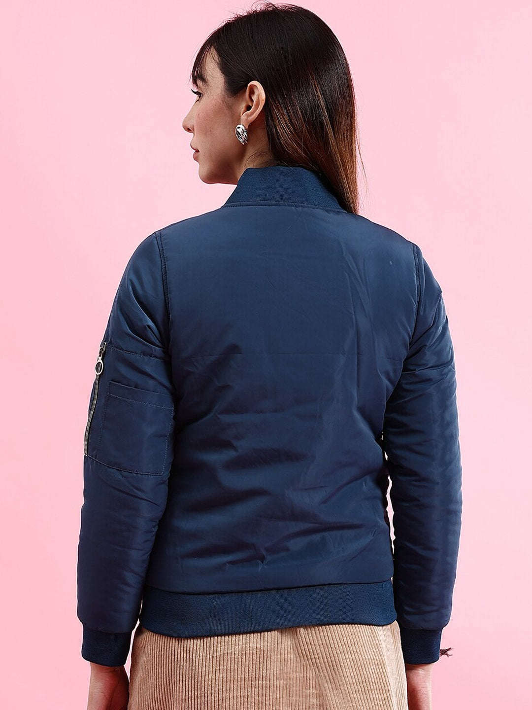 Women's Crop Bomber Jacket With Flap Pocket