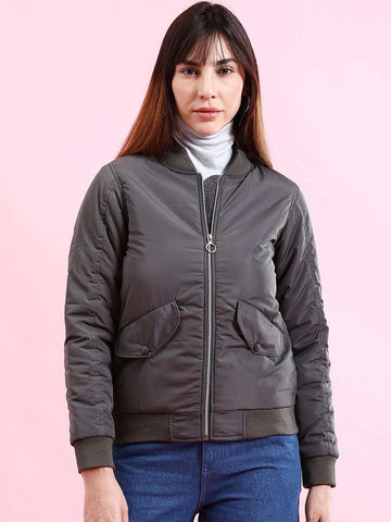 Women's Crop Bomber Jacket With Flap Pocket