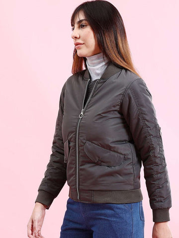 Women's Crop Bomber Jacket With Flap Pocket
