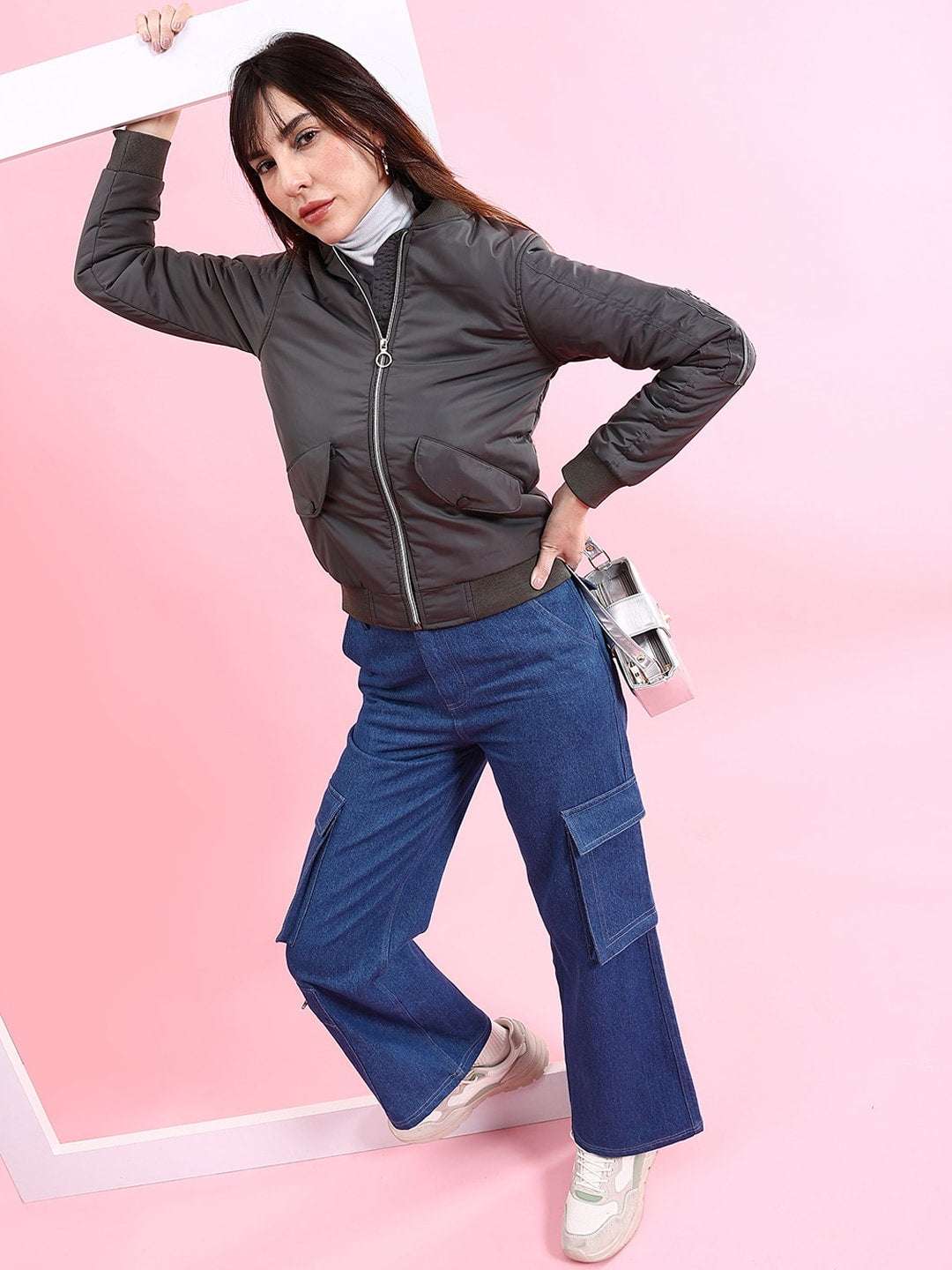 Women's Crop Bomber Jacket With Flap Pocket