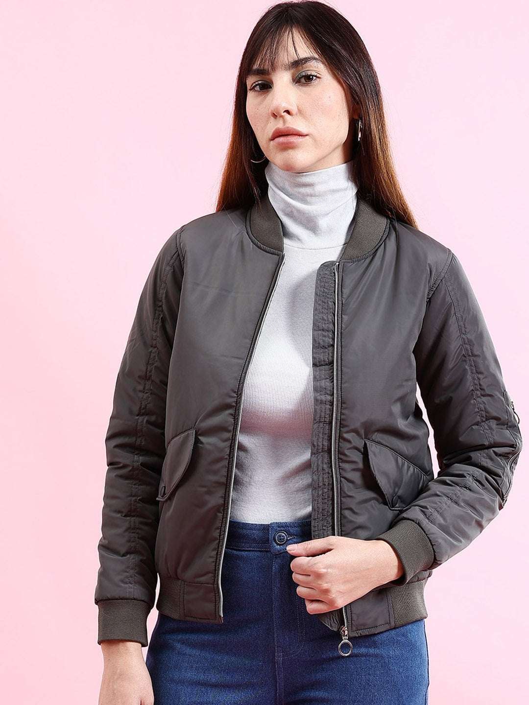 Women's Crop Bomber Jacket With Flap Pocket