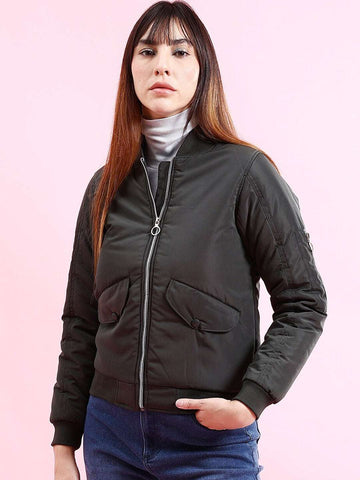 Women's Crop Bomber Jacket With Flap Pocket