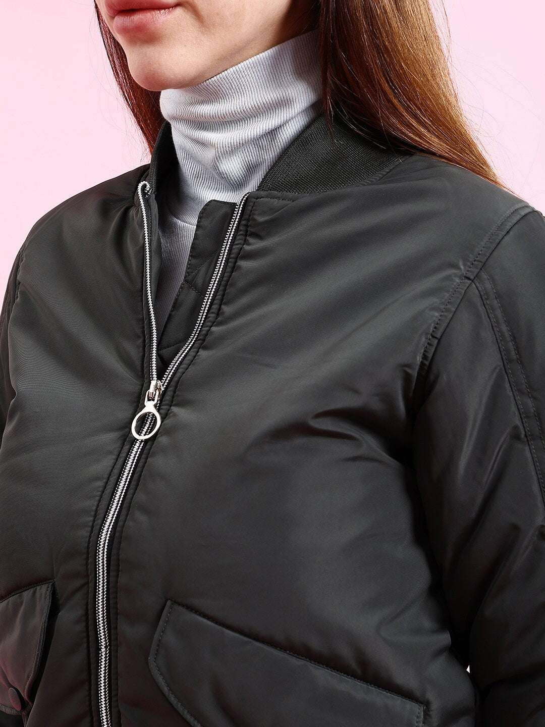 Women's Crop Bomber Jacket With Flap Pocket