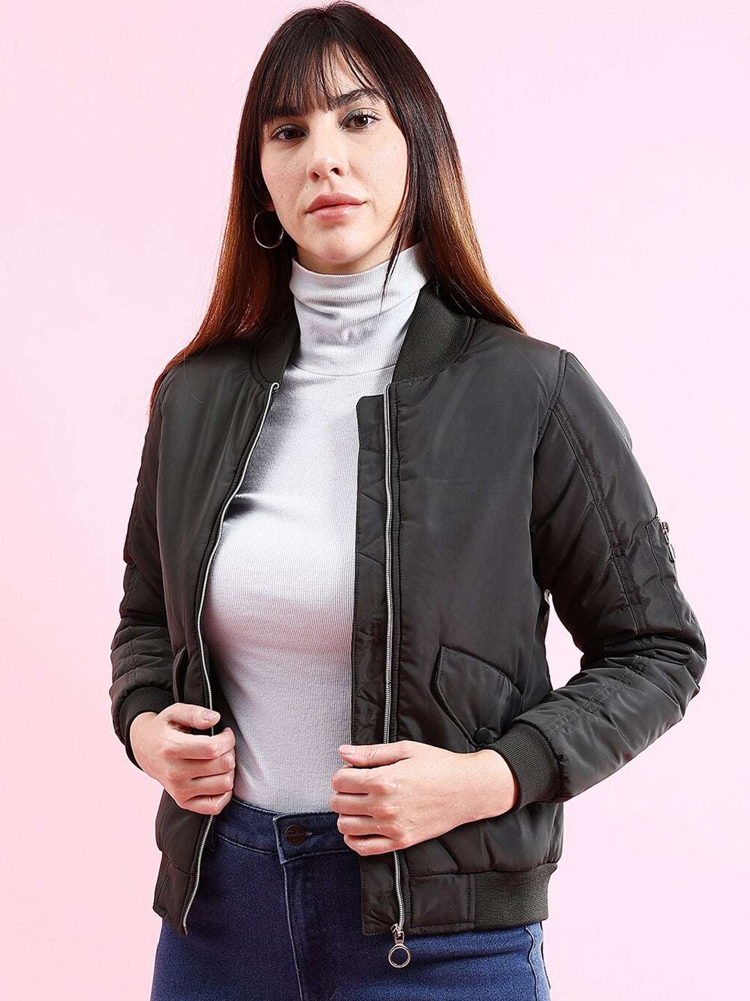 Women's Crop Bomber Jacket With Flap Pocket