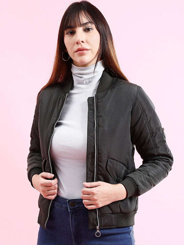 Women's Crop Bomber Jacket With Flap Pocket