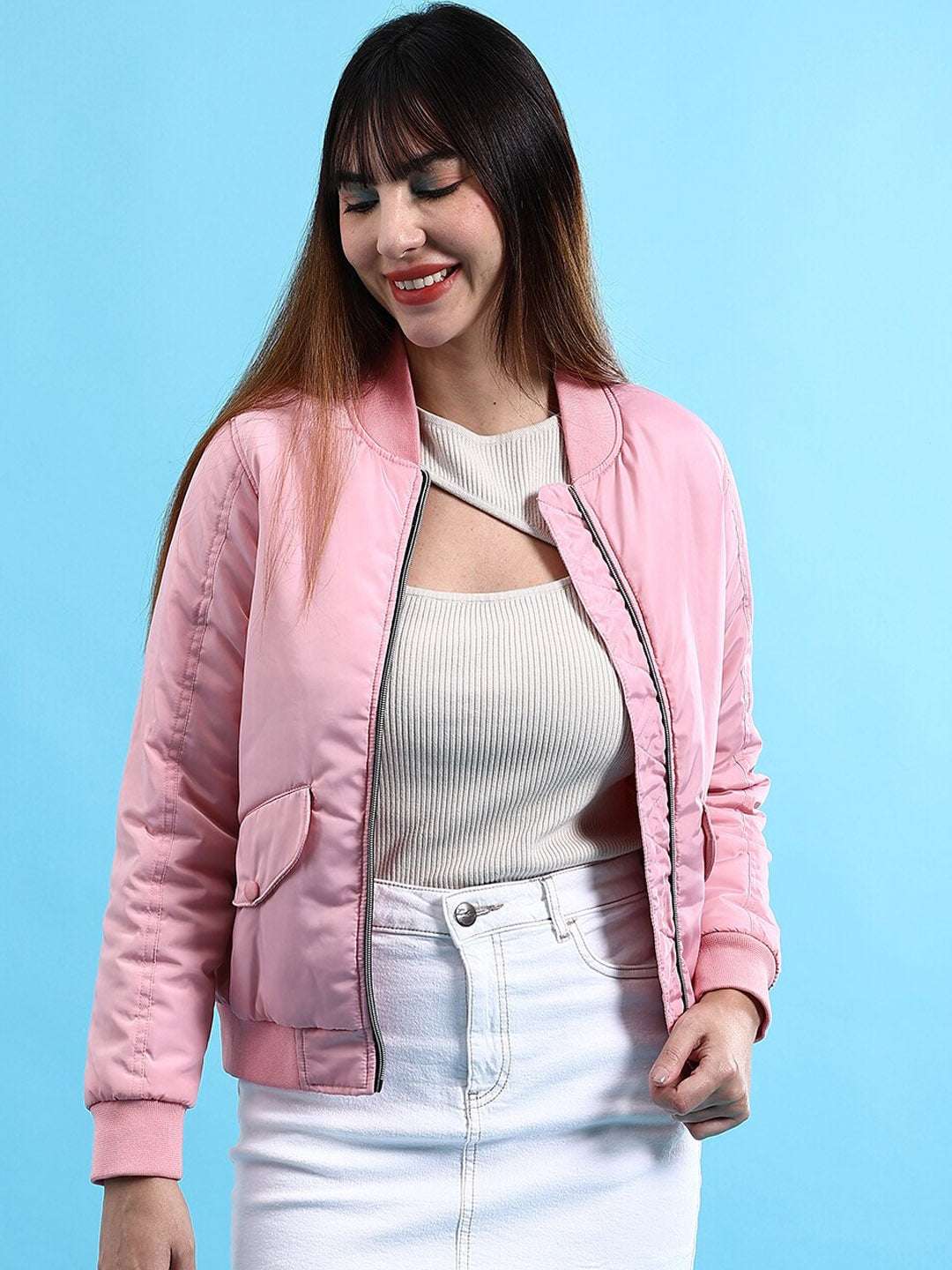 Women's Crop Bomber Jacket With Flap Pocket