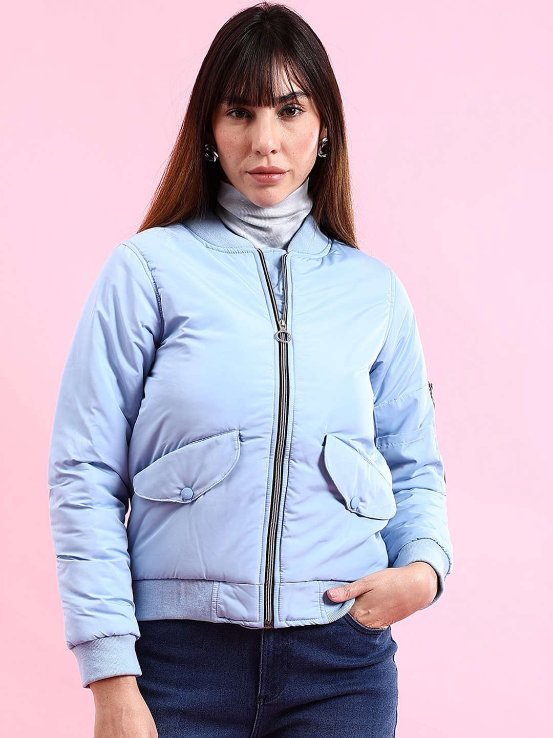 Women's Crop Bomber Jacket With Flap Pocket