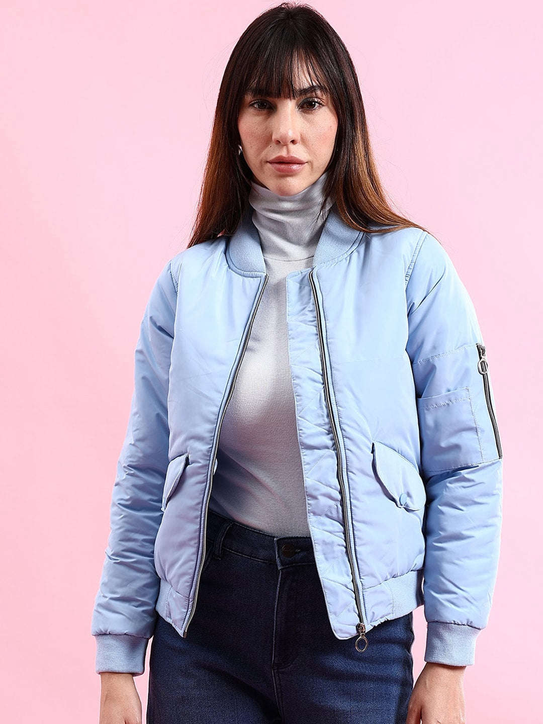Women's Crop Bomber Jacket With Flap Pocket