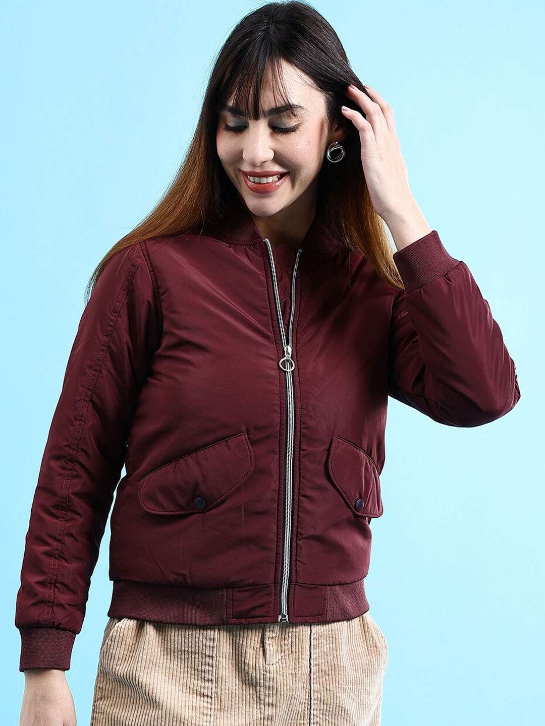 Women's Crop Bomber Jacket With Flap Pocket