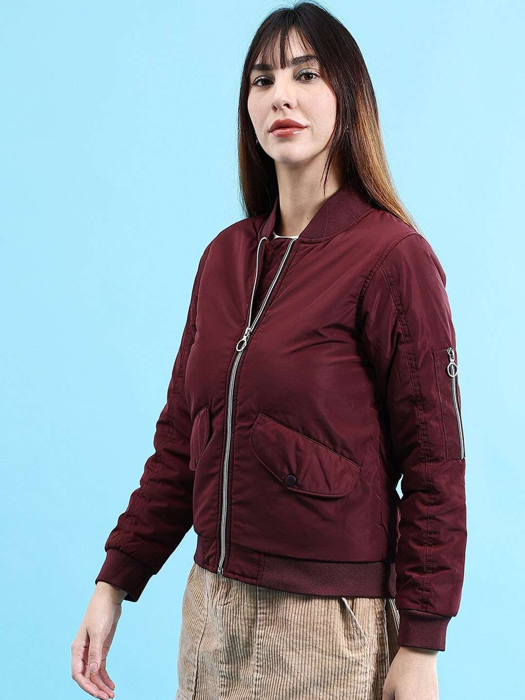 Women's Crop Bomber Jacket With Flap Pocket