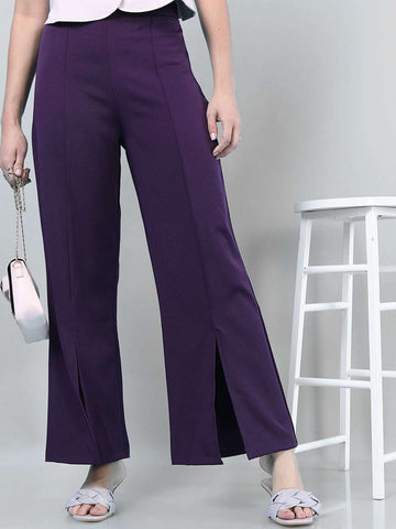 Women's Solid Flared Pants With Slit