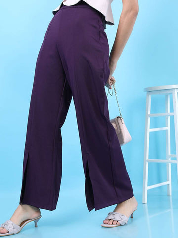 Women's Solid Flared Pants With Slit