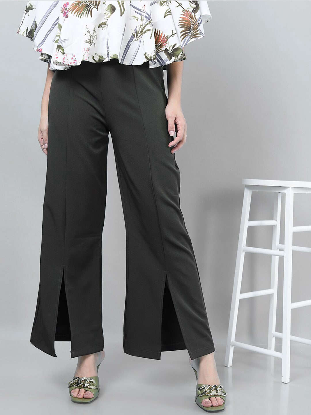 Women's Solid Flared Pants With Slit