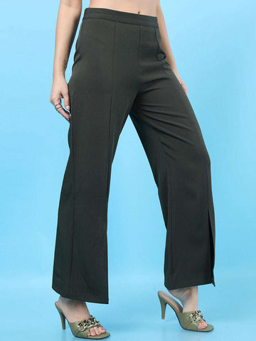 Women's Solid Flared Pants With Slit